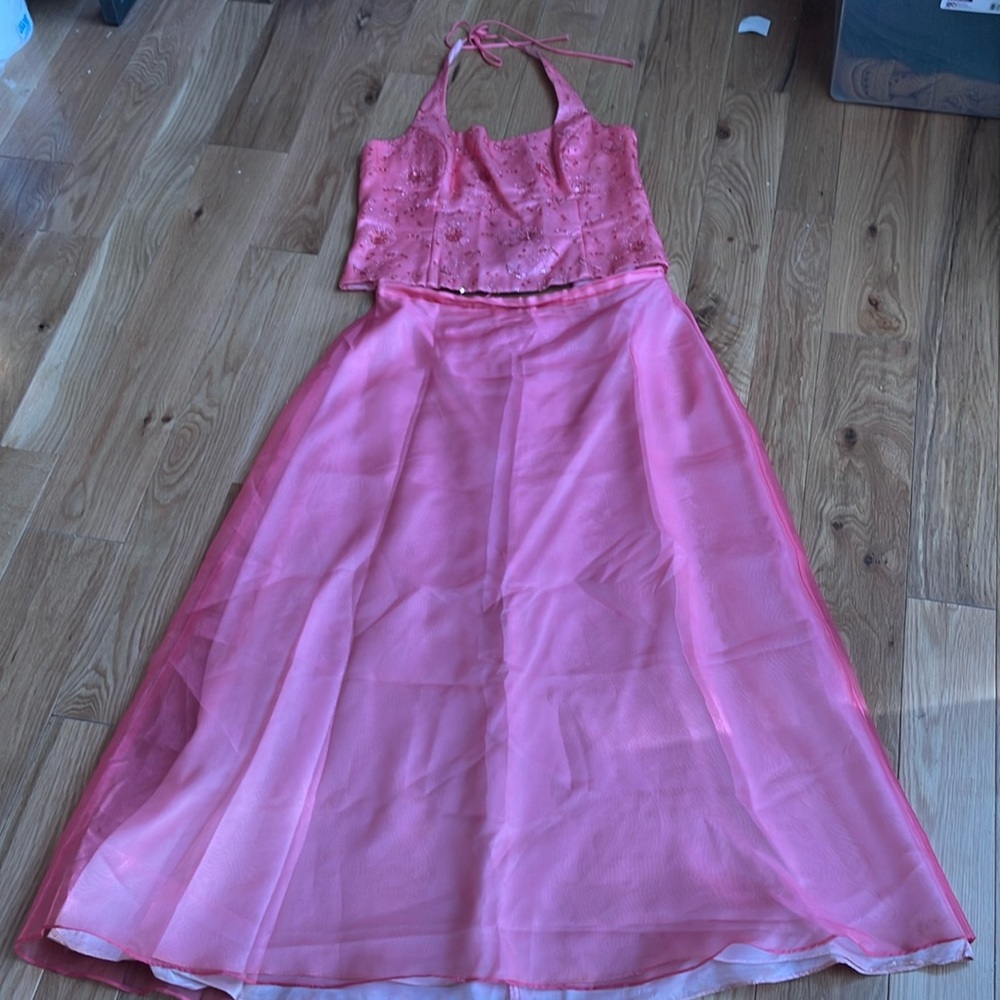 Vintage Blondie Nites Pink Two-Piece Halter and Sheer Skirt Set sz 15